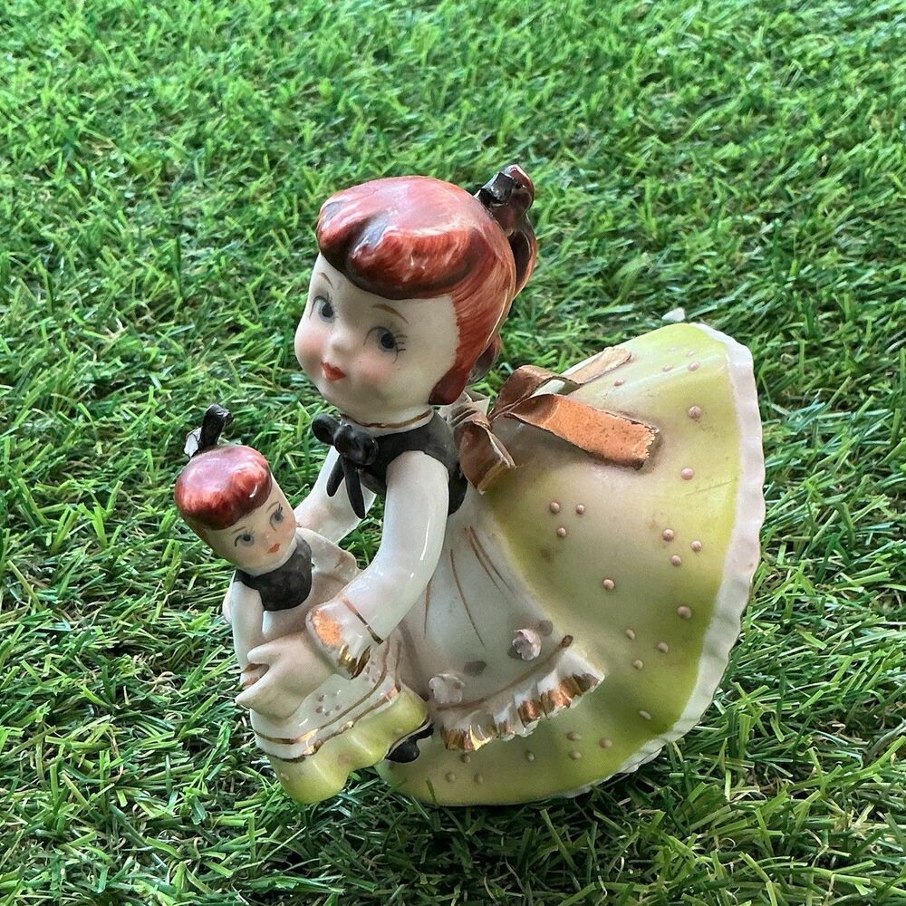 Vintage 1955 Lefton Ann n Annie KW 8948 Girl Holding Doll Porcelain Figurine